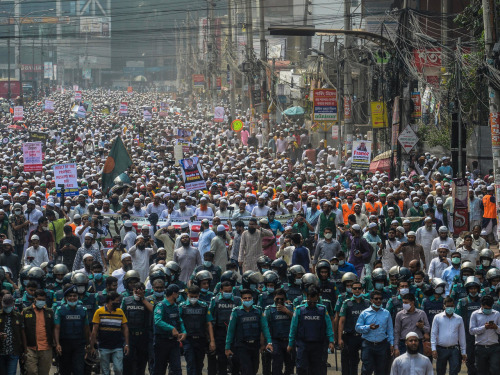 Tens of thousands rallied in Dhaka protesting the French President Emmanuel Macron’s comm