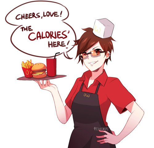 colonelyobo:  supershrimpcakes:  Tracer working in a fast food outlet.   Cute! 
