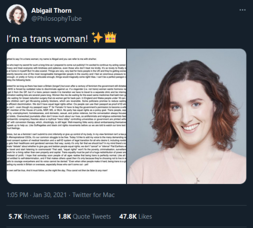 bearded-shepherd:Congrats to Abigail Thorn aka Philosophy Tube for coming out !!