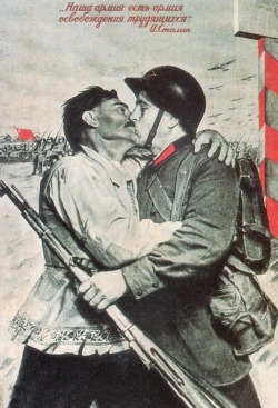 Soviet propaganda poster. Soviet soldier being kissed on the lips by a Polish farmer (1945)