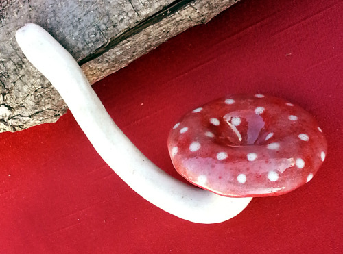 thespicypotter:mushroom Pipe ceramic, handmade, red top with white spots, white stem $45 at TheSpicy