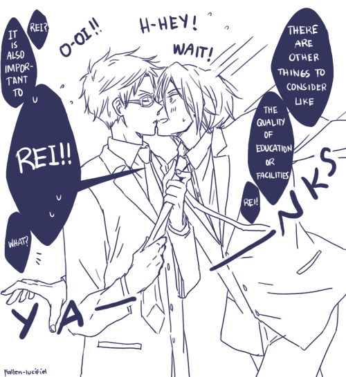 fallen-lucifiel:  When Rei gets really talkative, he forgets things are still happening… What am I doing? It’s 7am and I’m still drawing RinRei. I need to sleep!  ಥ‿ಥ They’re wearing the secret agent outfit but I’m too lazy to shade everything