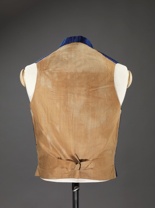 VestC.1840 - 1860. Binding Patterned silk satin, machine-woven cotton fabric in plain weave. Metal b