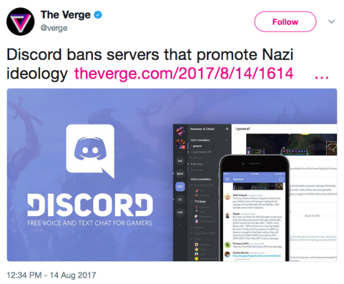 the-future-now:  Gaming chat service Discord shutters alt-right server in the wake of Charlottesville protests In the wake of white-nationalist-led demonstrations in Charlottesville,  Virginia, over the weekend, the chat service Discord, billed as a 