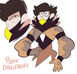 jigokuhana:  So I drew Ichi &amp; Jyushi’s gem fusion: Peach ChalcedonyThough he’s one of the most stable fusions, Peach is…unpredictable. You don’t ever really know when he’s happy or angry or anything until he blows up with emotion. Nobody