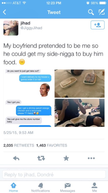 11-11-1992:  First off all of this is FUCKED UP#1 why you in a relationship if you gone have a side nigga period?#2 why is he still with yo ass?