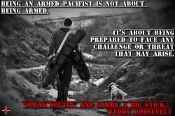 thechapeltonfaith:  Armed Pacifism: A person (or group of persons) who believe in nonviolence, but having determined not to be victims, armed and trained themselves. Hoping to never use such knowledge or armament, but understanding in a less-than-perfect