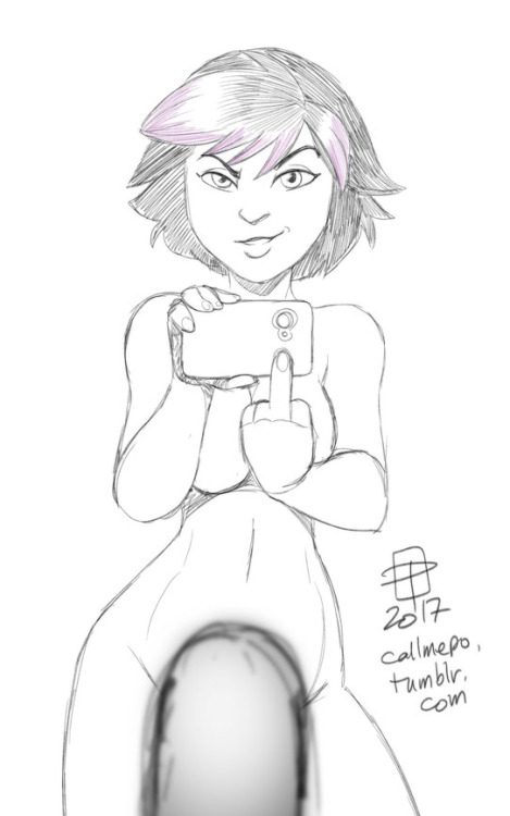 callmepo:  Gogo’s version of the one-finger selfie - very typical of her.   I was about to go to bed and then this thought popped into my head and just had to draw it. ^_^  ;9