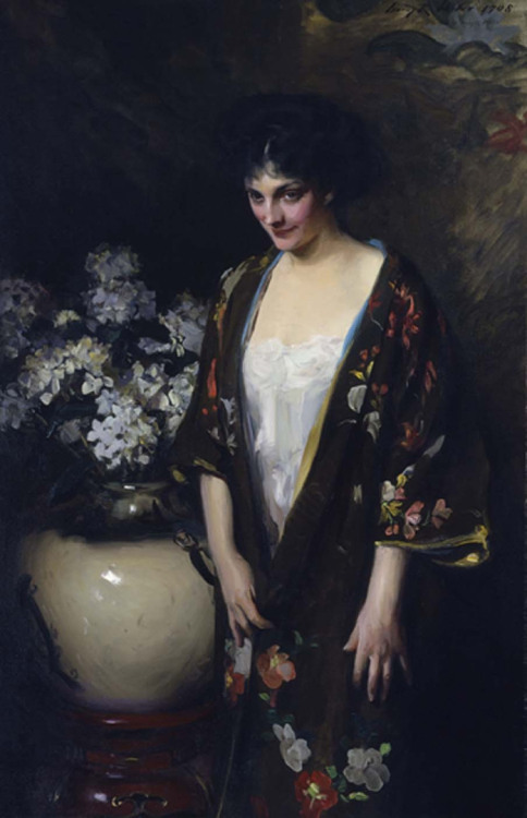fleurdulys:  Brown Kimono - Irving Ramsay Wiles  He painted the hands so gracefully.