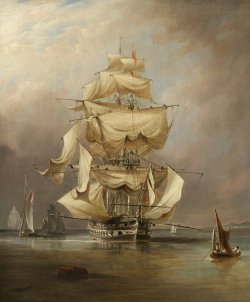 hms-surprise:  HMS Asia 1824 - taking in her sails - Richard Beechey  