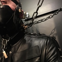 seabondagesadist:  Gimp storage: secured in a leather straightjacket, gagged, muzzled and chained in the cell for a few hours of bondage fun! 