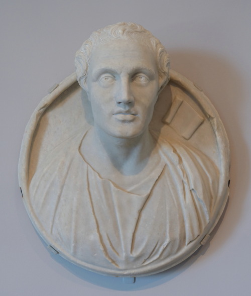 The playwright Menander.  Ancient Roman marble medallion (4th cent. CE) after a Greek original of th