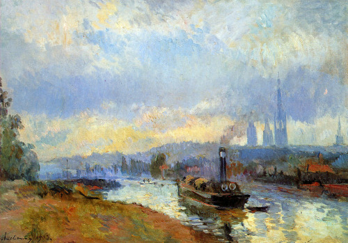 Tow boats in Rouen Sun  -  Albert Lebourg   1900Impressionism