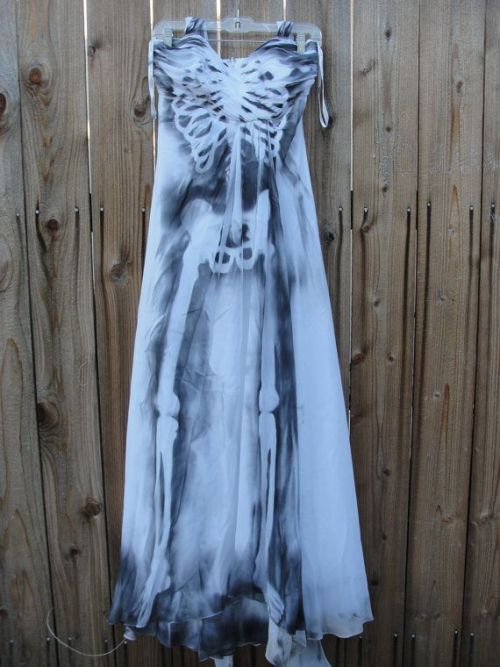 Ghostly white sheer hand painted skeleton dress / size 10 / medium // strapless //halloween costume 