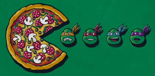 nerdwire:  Pizza Eat Turtle & Don’t Touch Our Pizza by Peter Kramar Pac-man get’s cowabunga’d into the turtle dimension in Pete’s totally gnarly designs.  They’ll be available for voting over on Threadless soon for their TMNT shirt contest.