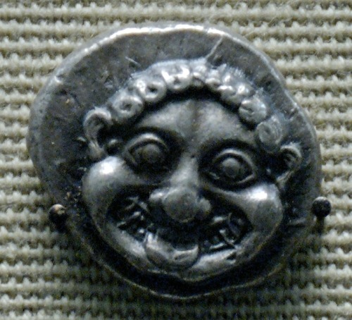Silver didrachm issued by Athens, ca. 520 BCE, bearing a Gorgon’s head.  Now in the British Museum. 
