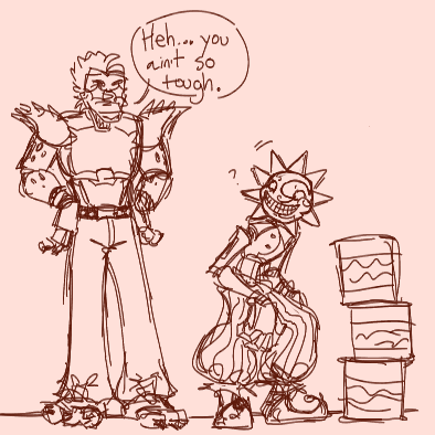 the first part of a comic, featuring monty and sun from security breach. monty is looking down at sun with a cocky smile, while sun is crouched down next to some large cans after they've stacked them up. there's a speech bubble coming from monty that says "heh... you ain't so tough." and sun has a small question mark next to their head.