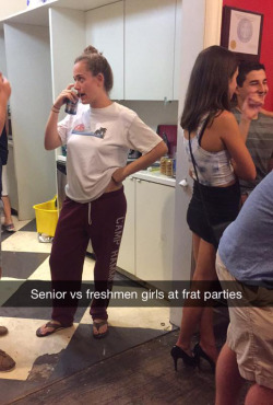 furthereducationforwomen:  tastefullyoffensive:  (photo via kavino)  Ok, pop quiz, which girl do you think is going to get the attention of the frat boys all night? Which one will get her pick of the ones with the biggest cocks, the most cum, the ones