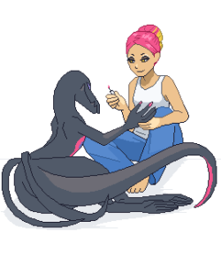 anontelope:plumeria chillin and painting her salazzle’s claws because I love trainer and pokemon interations Ahhh that’s sweet and adorable &lt;3