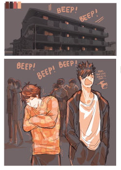 sevenfivetwo:  a continuation of the alternate route to the infamous oikuro college au where instead of being dorm roommates, they’re neighbors at an apartment complex!! this time we got the good ol’ fire alarm as our plot device (｡•̀ᴗ-)✧