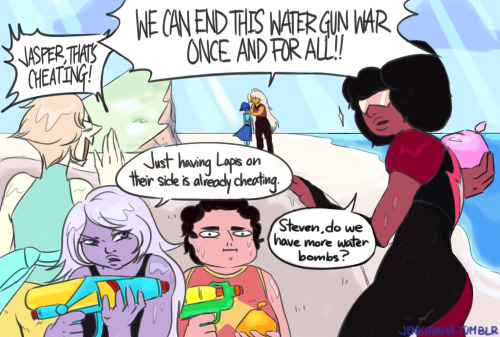 jenkuhaha:  In happier circumstances, they could all just have fun. Also the only one wearing a beach outfit is Steven because everyone else thinks this is actually war. Steven is slightly terrified. BONUS: Peridot’s fingers are really useful huh.Also