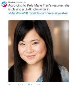 killjoyras:  anaesthetis:  tenelkadjo:  tenelkadjo:  A NEW FEMALE LEAD I literally could not be more excited right now     NOT ONLY A NEW FEMALE LEAD A NEW VIETNAMESE FEMALE LEAD  http://mashable.com/2016/02/15/kelly-marie-tran-star-wars-bio/ 