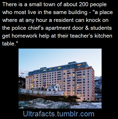 ultrafacts:Whittier, Alaska, is a town of about 200 people, almost all of whom live in a 14-story fo