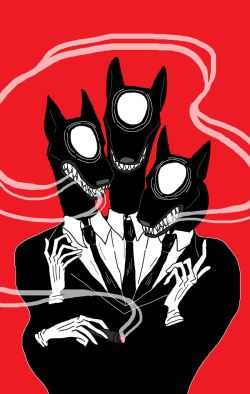 2am-gecko:  Cerberus isn’t the most original concept to work with but I’ve decided to make them as dapper, hive-minded siamese triplets. One head sees the past, the middle sees the present and the other head sees the future. They go around making