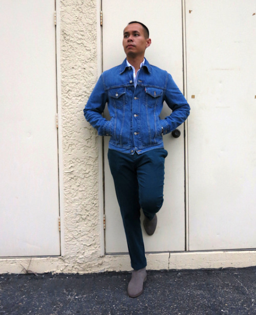 Streetwear and menswear mashup:  dress shirt and trousers with trucker jacket and Jodhpur boots