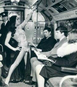 vintageeveryday:    A belly dancer on the London Underground, 1968  