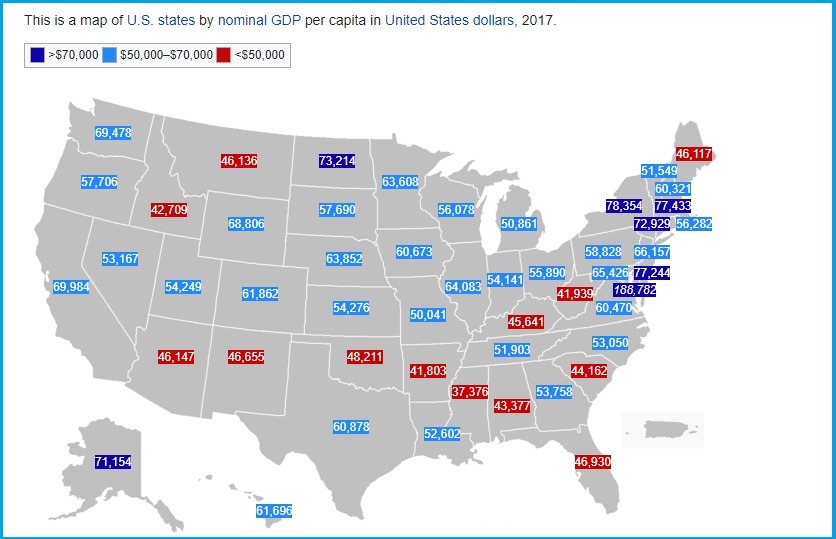 US states, GDP per capita, 2017. - Maps on the Web