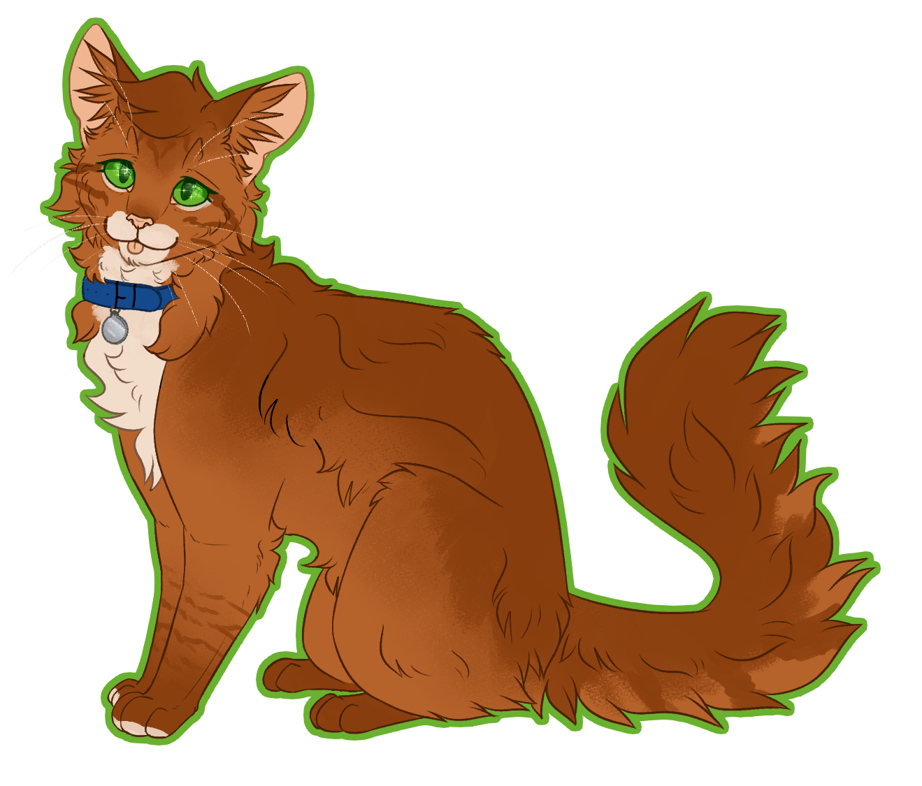 A digital drawing of Firestar from Radiant by Divinefeline28 when he was a kittypet. He is a red somali cat with bright green eyes, and is sitting facing left with a blue collar and his tongue sticking out cutely.