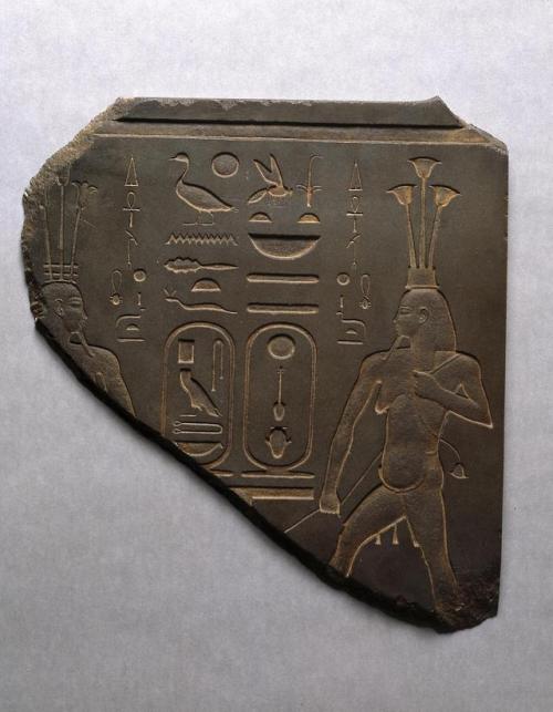 Hapi tying Upper and Lower EgyptThis schist fragment depicts the Nile god Hapi carved in sunken reli