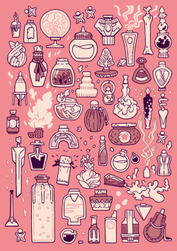 elemei: 50 potion bottles, this collection ranges from hangover cures to potent poisons. watch out for the cartwheeling magic caffeine! ✨ 