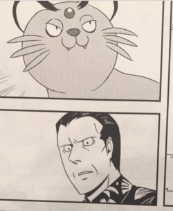 littlemousejelly: ophiniaonistecua:  kyonshii:  goldenmoose:  thelovelyblark-barg: I’m crying at this Giovanni face You really have to see the whole page to appreciate it.   guzma’s pointing it out and just saying “persian” and giovanni’s like