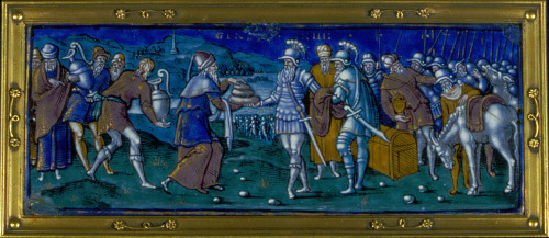 slam-european: Abram Being Presented with Bread and Wine by…, school of Pierre Courteys, c.15