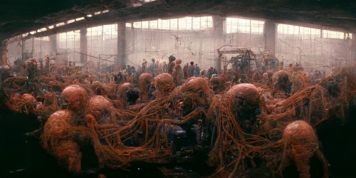 jamesusilljournal:                 ‘crowded alien factory raising humans inside hangar, wire and strings, filth and grime, 1985, hyperdetail, 8k, high resolution, disgusting, photography’, Matthew James, 2022