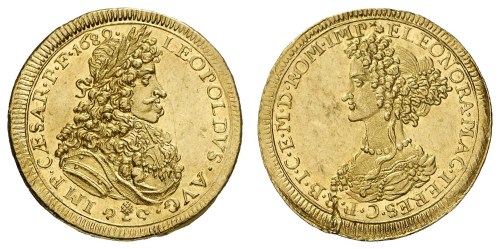 Golden coin with portraits of Holy Roman Emperor Leopold I and his Empress Eleonor Magdalene of Neub