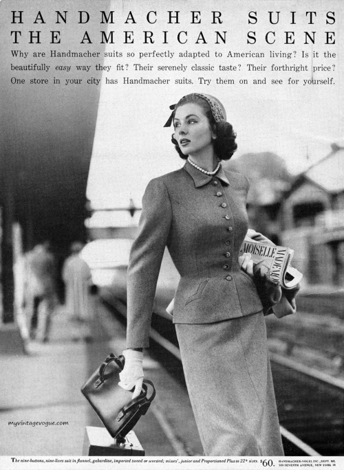 theniftyfifties: Suzy Parker for Handmacher Suits, 1952