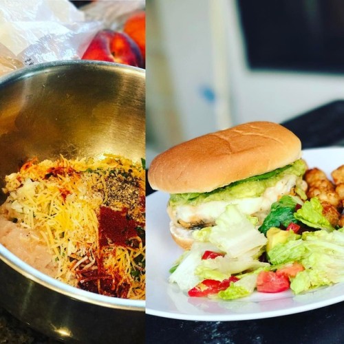 Look I can cook chicken cheddar guacamole burgers and lettuce and tomatoes.. w/a nice salad and tate