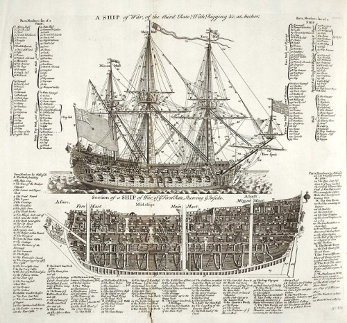 frigateandgalleon:A contemporary diagram illustrating a first- and a third-rate ship from the 1728 C