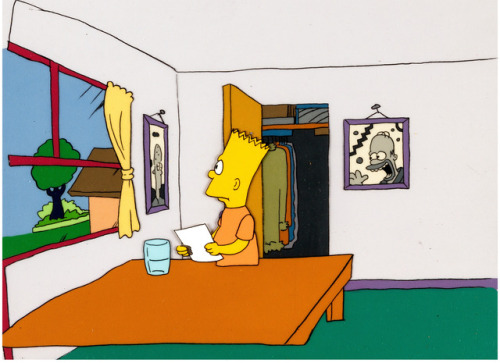 Animation cels from The Simpsons, back when they were still nice and ugly, and part of the Tracy Ull