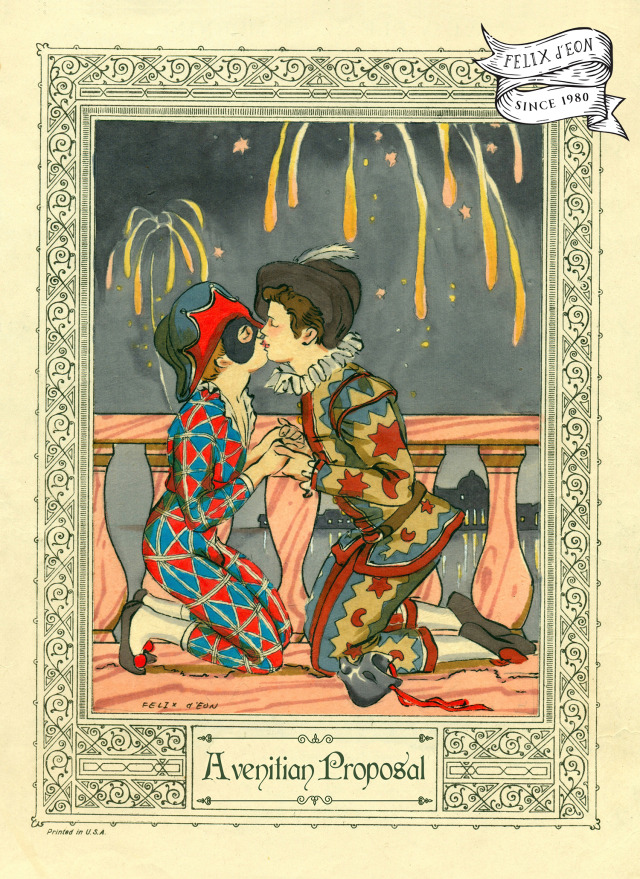 "A Venetian Proposal." Two trans boys share a kiss in the excitement of carnival. A painting of love under the fireworks....