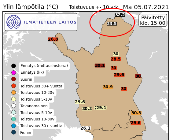 Extreme heat in the Arctic Finland: Utsjoki Kevo just recorded 33.5°C (92.3°F), which is not only the station’s new all-time heat record, but also the highest reliably measured temperature ever in the whole Finnish Lapland. ☀️🌡️🚨
by @mikarantane