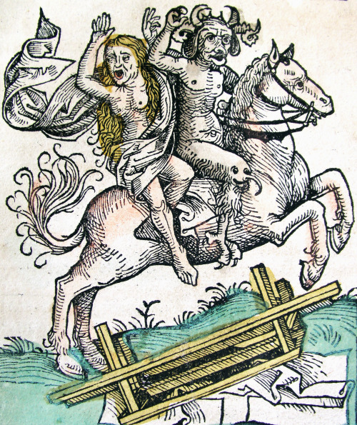 signorformica:  A witch escapes on a horse with the devil. Schedelsche Weltchronik. Michael Wolgemut