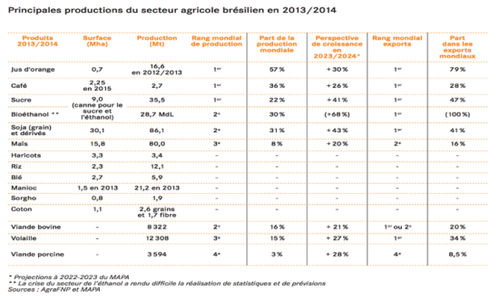 Principales producitons du secteur agricol brésilien en 2013/2014