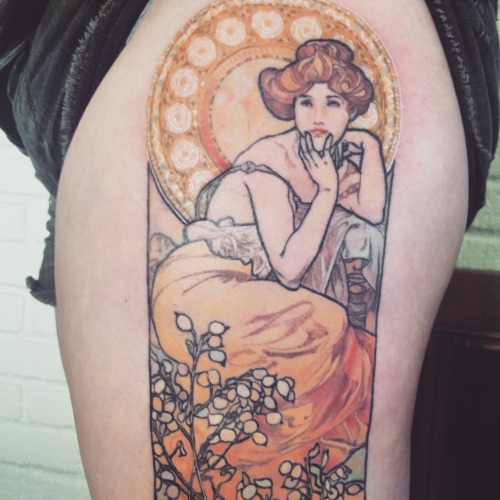 fuckyeahtattoos:  The original art, named “Topaz”,  is by Alphonse Mucha. He is my favorite artist and know for his contribution to the art nouveau movement. The tattoo was done by Pam at White Tiger Tattoo in Webster ( Rochester ), NY.  