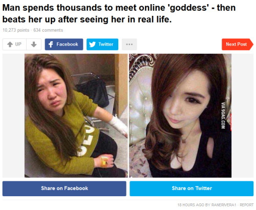 theroguefeminist:lordofthespambots:THIS JUST INWOMAN LOOKS DIFFERENT WITHOUT MAKEUP9GAG THINKS SHE D