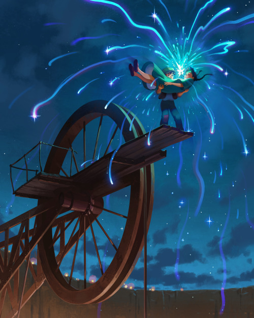 In this digitally painted fanart illustration of "Castle in the Sky" we see the scene where Sheeta floats down from the sky and Pazu catches her. Pazu is standing on a plank up above the mine and Sheeta floats in his arms, with her necklace sparkling wildly. Magical blue sparkles shoot off in every direction.