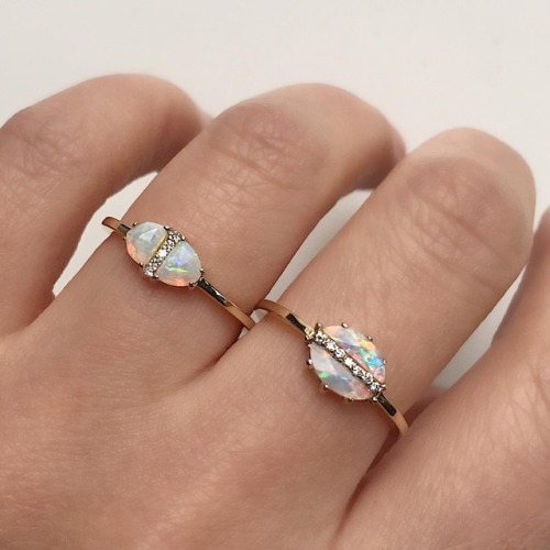 Sailing in the blues, greens and pinks of our Meridian and Tropics opal rings #opalring #diamondring